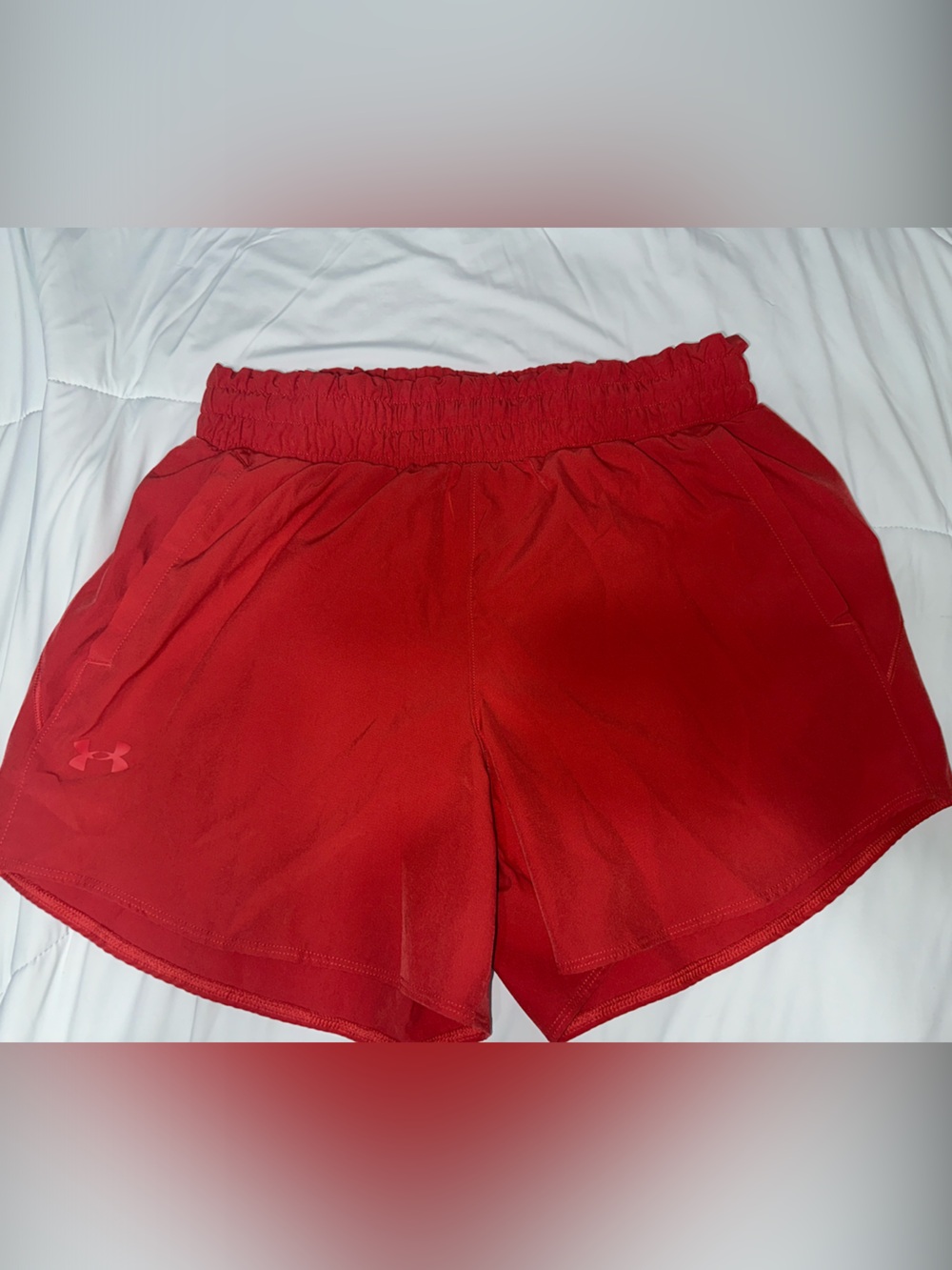 Under Armour Women's Red Smocked-Waist Athletic Shorts
